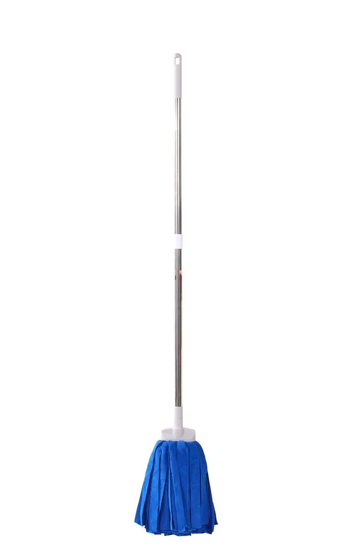 Blue microfiber strip mop standing upright with stainless steel screw-together pole and white grip